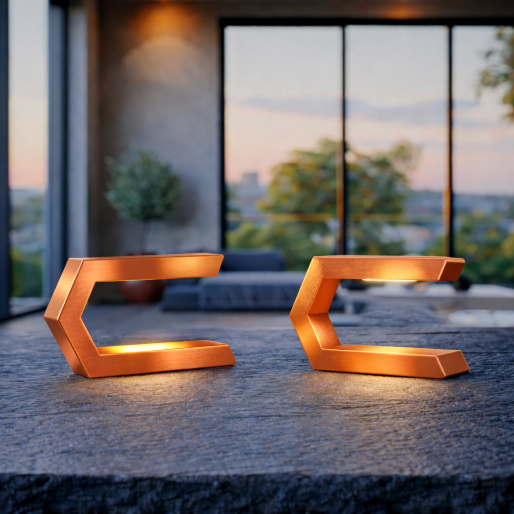 Two copper finish C-shaped LED table lamps by WOOM, resting on a dark textured stone surface, emitting warm light.