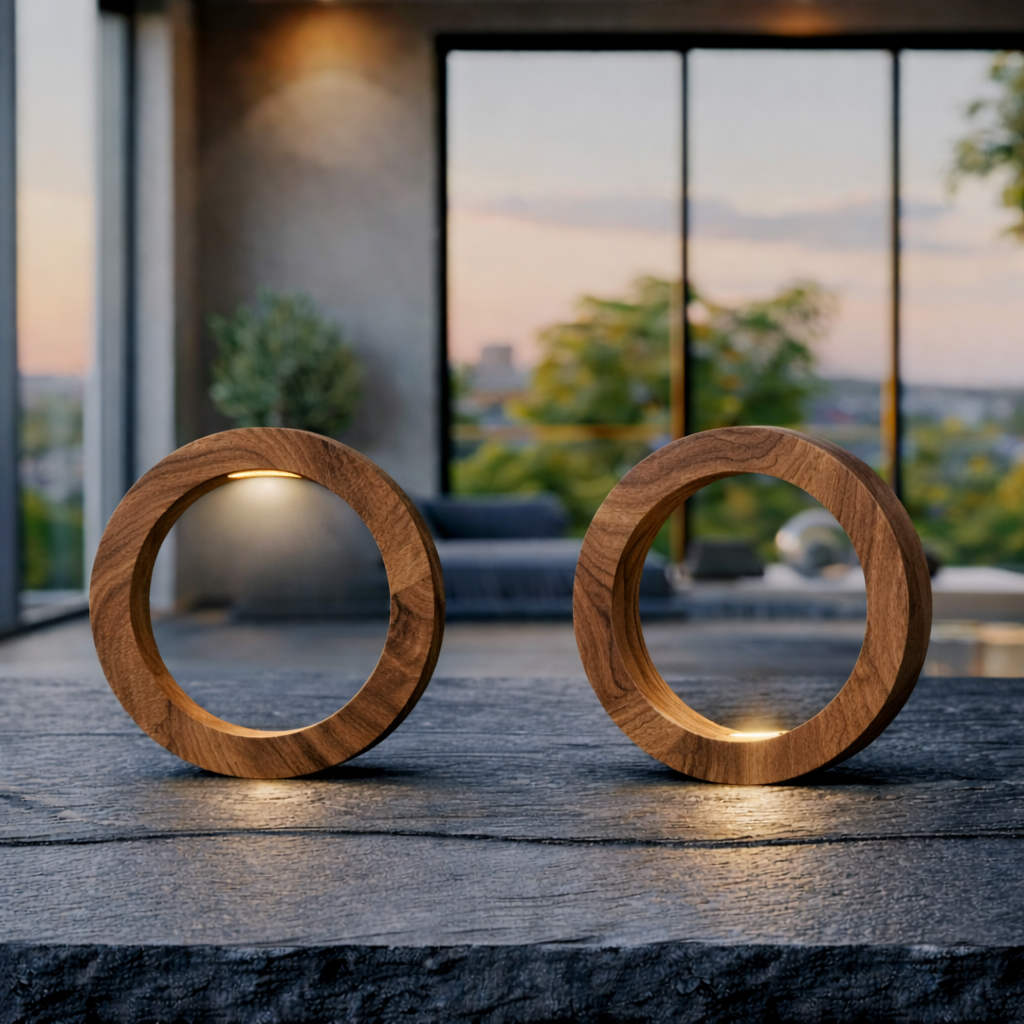 Handcrafted Walnut Rotatable Circle LED Wooden Desk Lamp