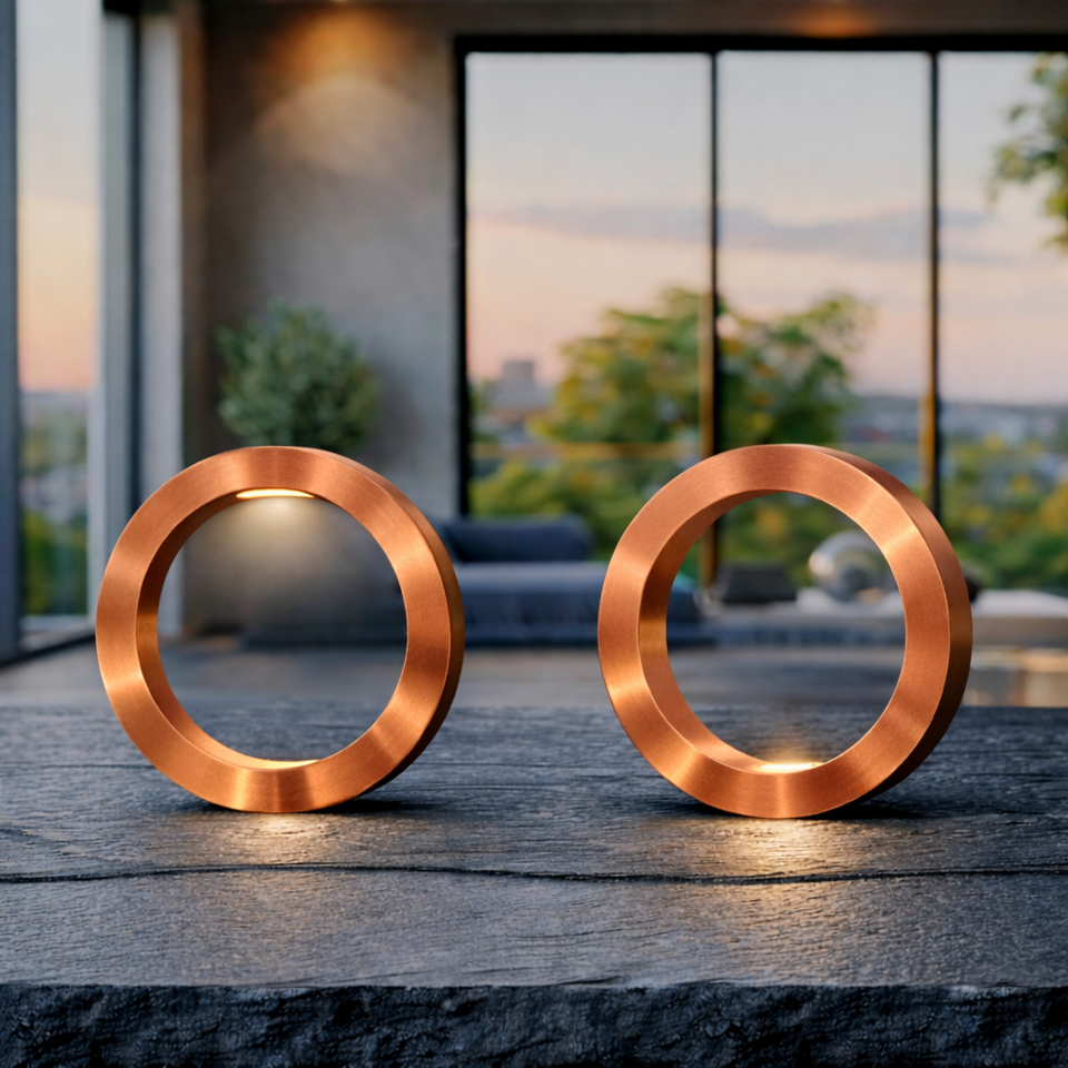  Copper finish rotatable circle lamp by WOOM, two internally lit on a dark, textured table in a modern room.