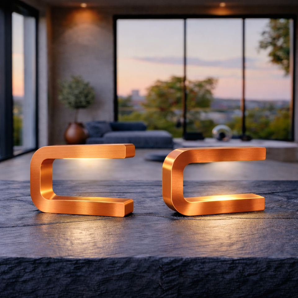 Two copper finish handcrafted oak rotatable U-shape curved lamps by WOOM, emitting a warm glow on a dark stone surface.