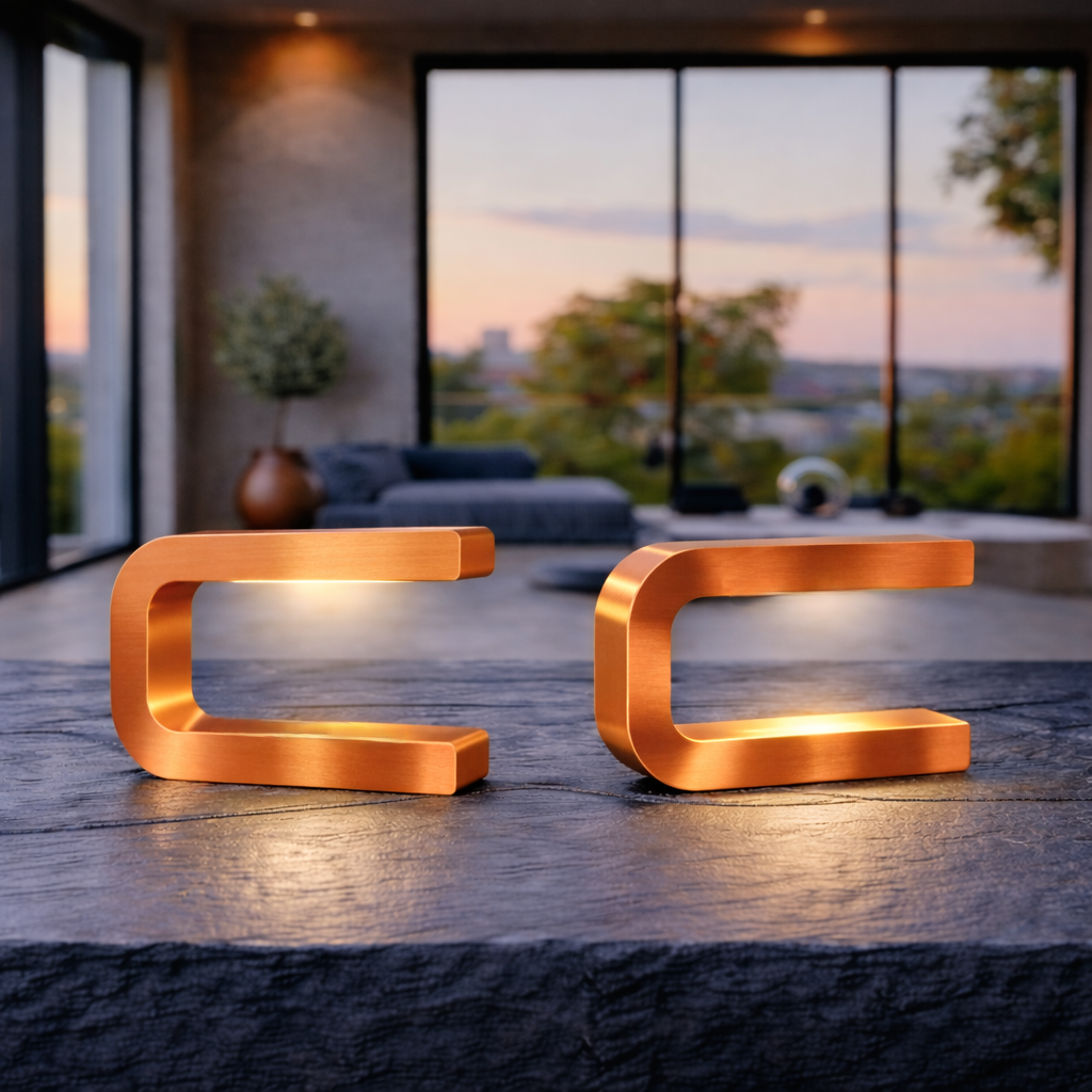  Two copper finish handcrafted oak rotatable U-shape curved lamps by WOOM, emitting a warm glow on a dark stone surface.