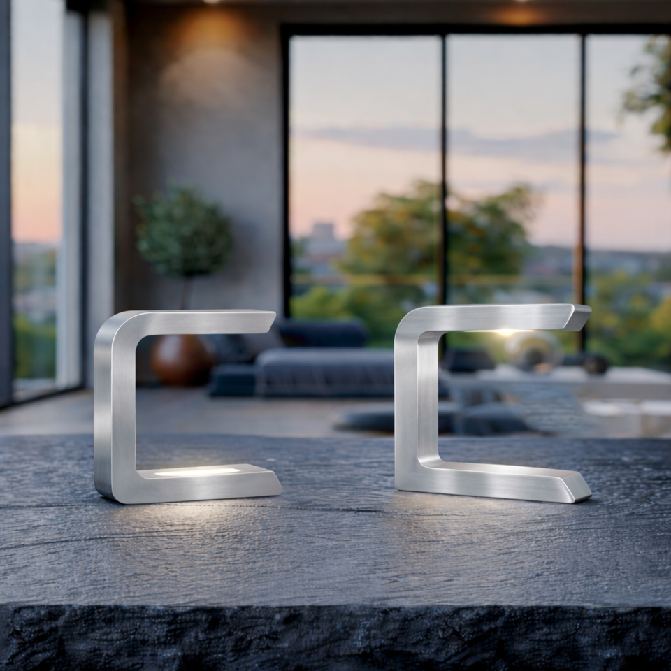 Silver Finish Handcrafted Oak Rotatable Wooden C-Shaped Lamp