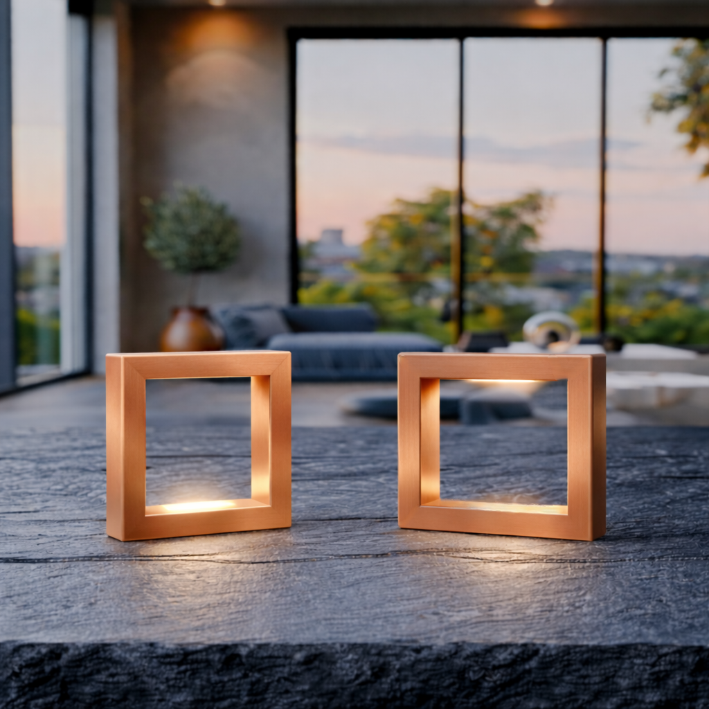 Copper finish handcrafted oak rotatable square wooden lamp by WOOM, two illuminated lamps on a dark stone surface in a modern room.