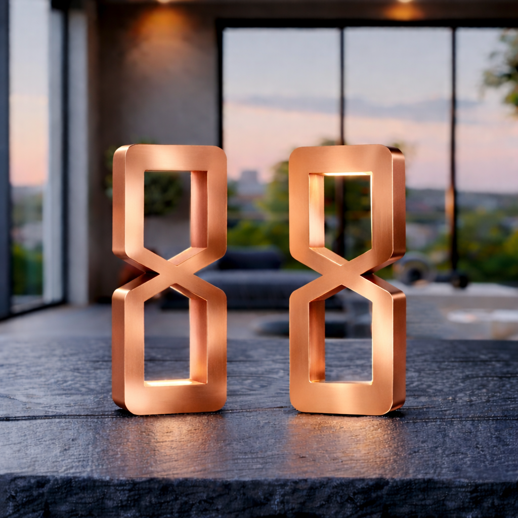  Copper finish hourglass-shaped table lamp by WOOM, with a modern geometric design and a warm internal light.
