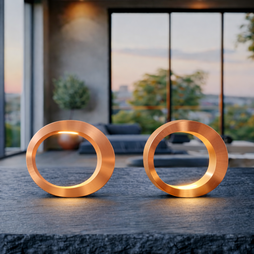  Two copper-finish oval rotatable lamps by WOOM, glowing warmly on a dark stone surface in a modern living room.