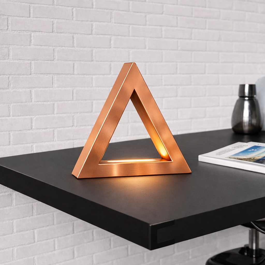 Copper finish handcrafted oak triangular lamp by WOOM with a warm glow on a black desk against a white brick wall.
