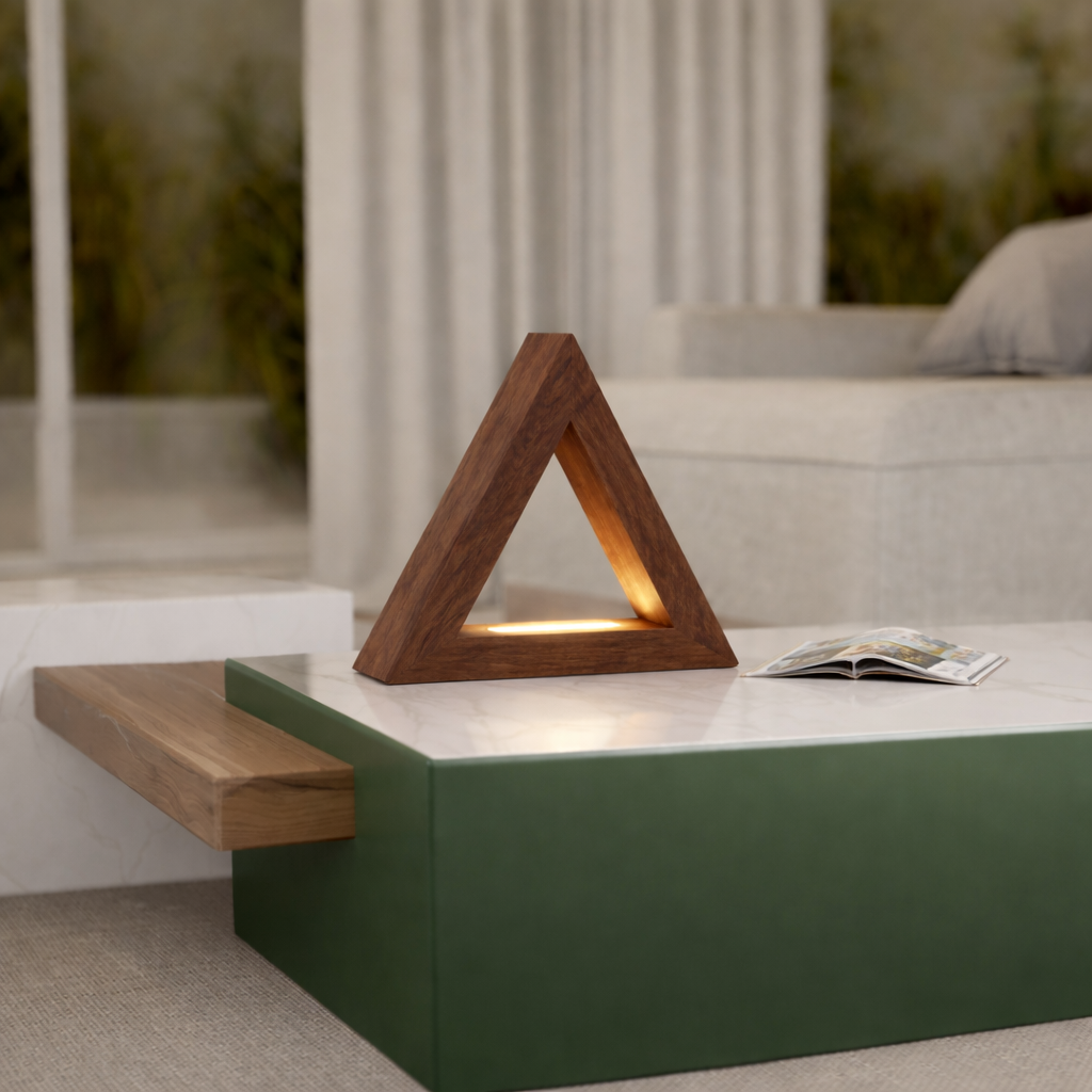 Handcrafted Walnut Triangular LED Lamp for Interiors
