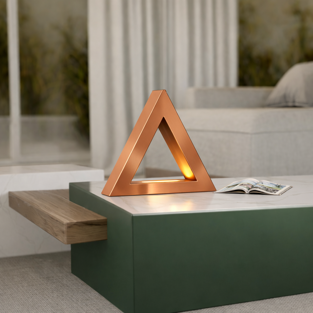 Copper finish handcrafted oak triangular lamp by WOOM, emitting a warm glow on a white marble coffee table.