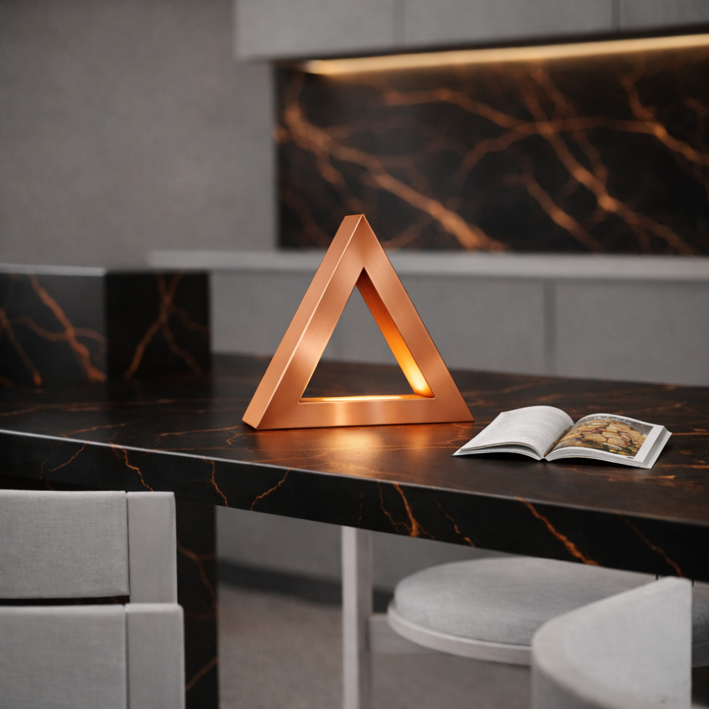 Copper finish triangular lamp crafted from oak by WOOM, with a warm internal glow on a dark marble countertop, next to an open cookbook.