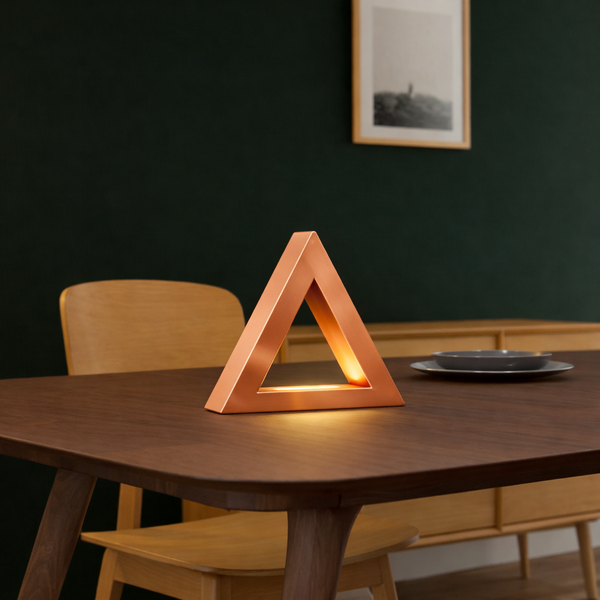 Copper finish triangular lamp by WOOM emitting a warm glow, resting on a dark wood table.
